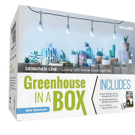 Miracle Led 4-Socket Greenhouse in a Box Grow Light Kit Blue Spec 9W Replace 150W Grow Bulb, Timer, 4PK 802438